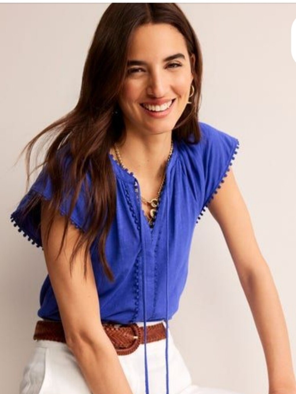 Boden Millie Trim Cotton V Neck Detail Top